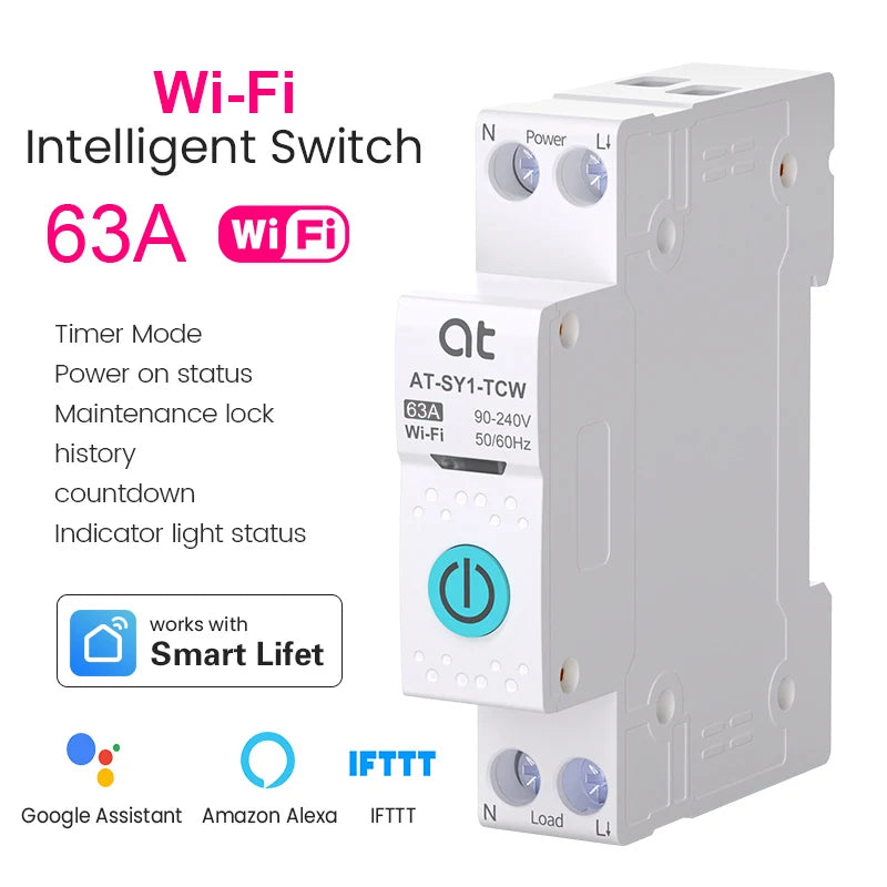 قاطع دائرة كهربائية ذكي TUYA WIFI مع قياس 1P 50A 63A على سكة DIN للمنزل الذكي ومفتاح تحكم لاسلكي عن بعد بواسطة التطبيق