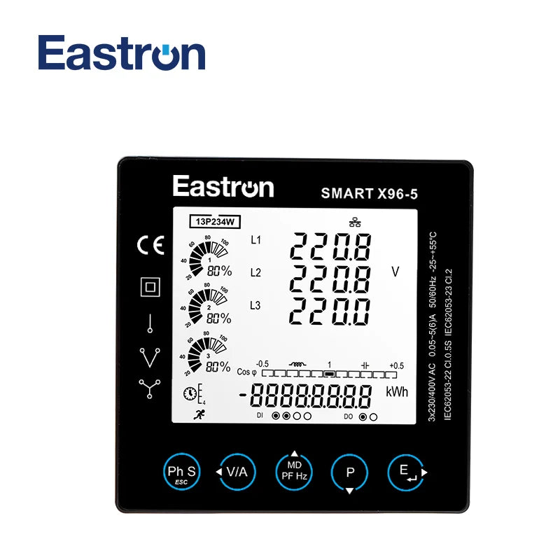 لوحة Smart X96-5J ثلاثية الأطوار، عداد طاقة متعدد الوظائف مع Modbus، يقيس الكيلوواط ساعة، الكيلوفار ساعة، الكيلوواط، الكيلوفار، الكيلو فولت أمبير، القدرة الظاهرية، معامل القدرة، التردد، الطلب، الجهد، التيار، التشويه التوافقي الكلي.