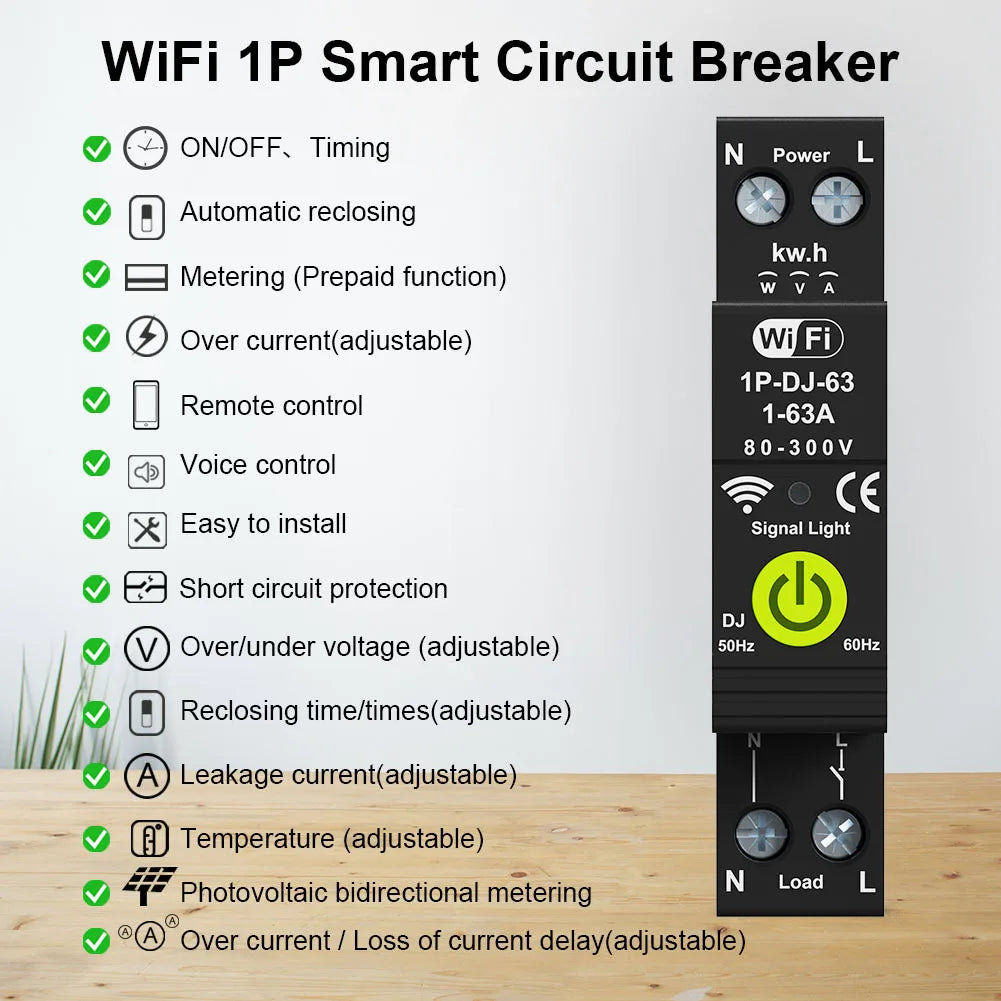 مفتاح قاطع الدائرة الكهربائية الذكي Tuya WiFi للتشغيل/الإيقاف، مؤقت، حامي إعادة التوصيل التلقائي، عداد طاقة كهروضوئي ثنائي الاتجاه
