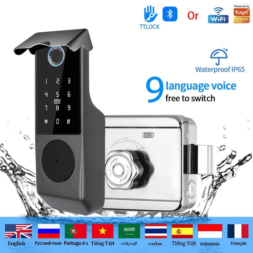 قفل ذكي خارجي مقاوم للماء مع لوحة مفاتيح رقمية للتحكم عن بعد، أمن حيوي Tuya/TTLOCK لباب البوابة