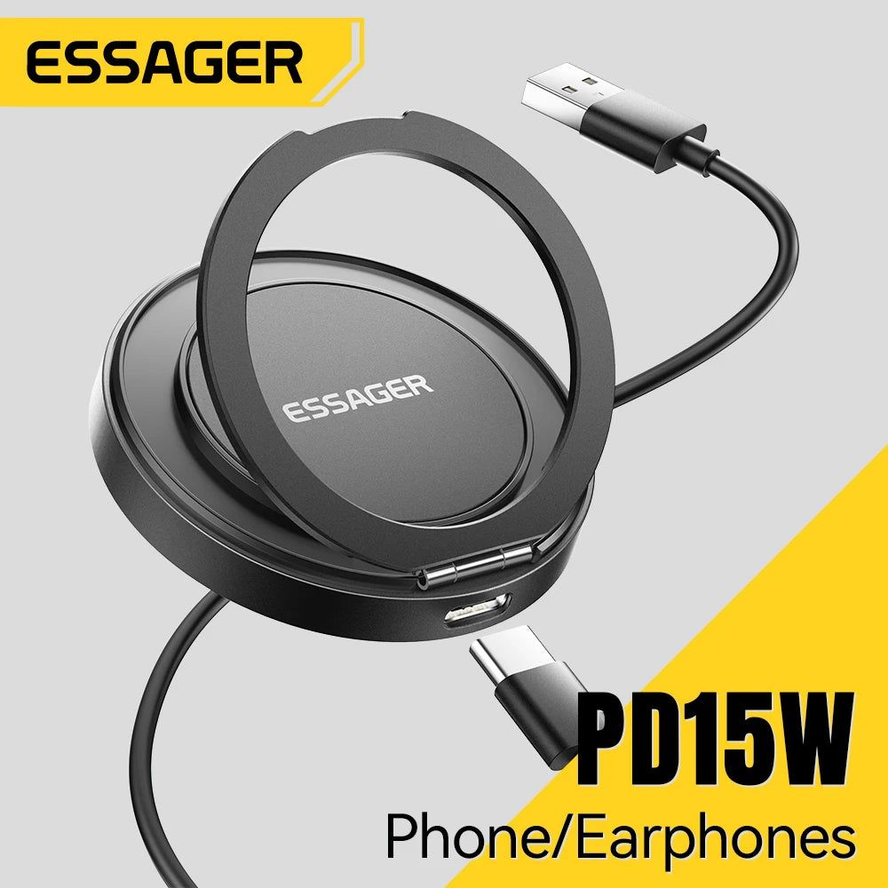 شاحن Essager مغناطيسي لاسلكي مع حامل 15 واط شحن سريع لأجهزة iPhone16 15 14 13Pro Max Airpods Mini شاحن هاتف لاسلكي