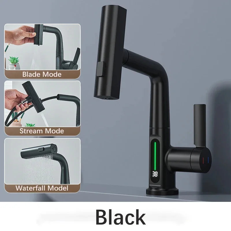 Waterfall Pull Out Kitchen Faucet White Intelligent Digital Display Cold Hot Mixer Taps Rotatable Sink Lifting Basin Faucet