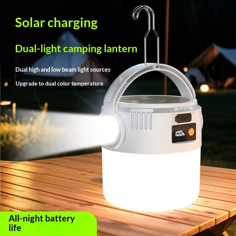 مصباح تخييم شمسي LED قابل لإعادة الشحن بمنفذ USB، فانوس خارجي محمول مع مصباح يدوي، مصباح معلق متعدد الوظائف للتنزه سيرًا على الأقدف