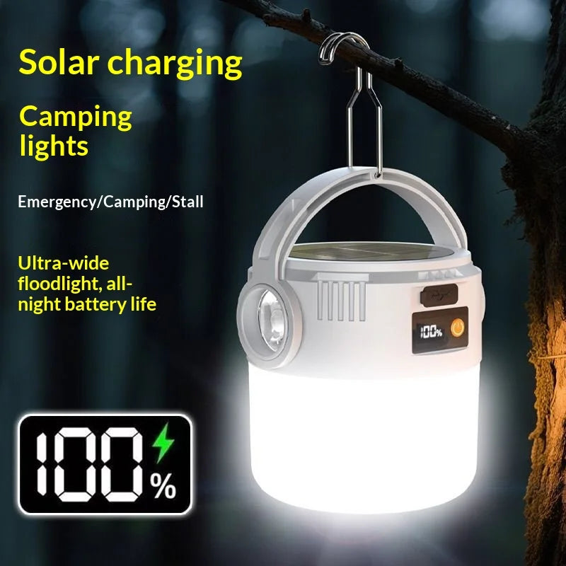 مصباح تخييم شمسي LED قابل لإعادة الشحن بمنفذ USB، فانوس خارجي محمول مع مصباح يدوي، مصباح معلق متعدد الوظائف للتنزه سيرًا على الأقدف