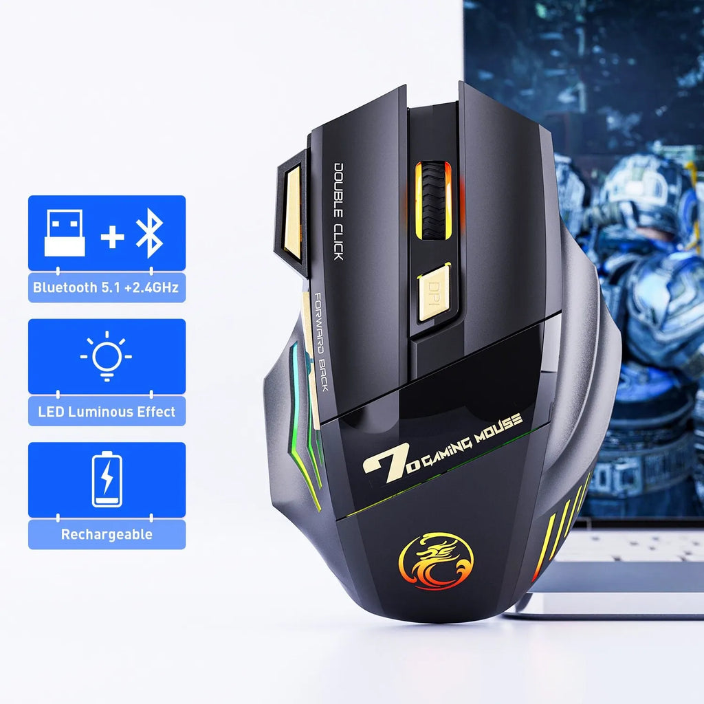 ماوس ألعاب لاسلكي USB IMICE GW-X7 3200DPI وضع مزدوج قابل لإعادة الشحن 7 مفاتيح 2.4 جيجاهرتز ماوس صامت بلوتوث 7 ألوان LED متوهج