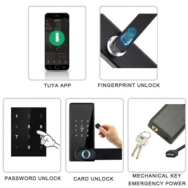 قفل بتحكم عن بعد من تطبيق Tuya Smart Life، قفل باب ذكي ببصمة الإصبع وكلمة مرور، دخول بدون مفتاح، بصمة الإصبع بمقبض الأمان للتعليق