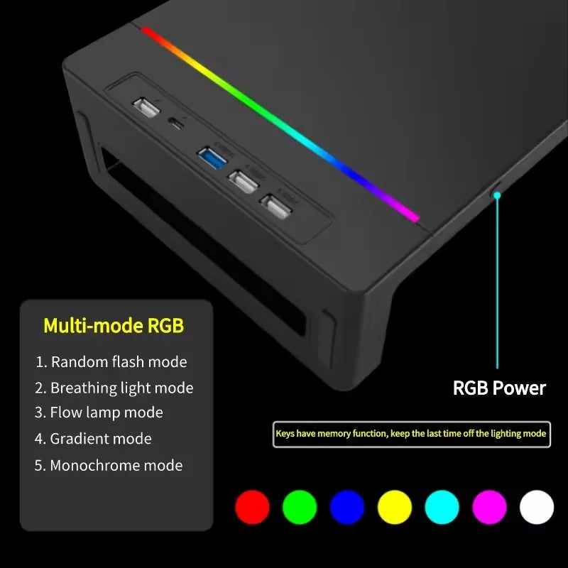 حامل شاشة كمبيوتر متعدد الوظائف مع إضاءة RGB وواجهة شحن سريع، ورف مكتبي قابل لتعديل الارتفاع