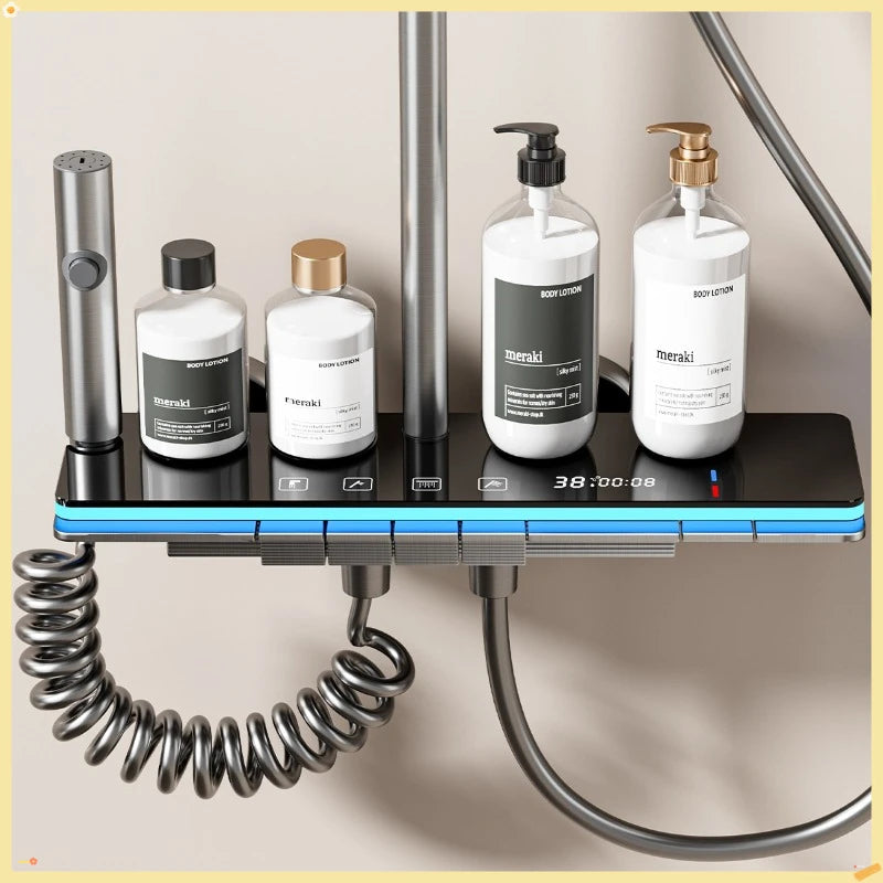 نظام دش رمادي بإضاءة محيطة ذكي رقمي مجموعة خلاط دش عرض درجة الحرارة مجموعة دش حمام مطري