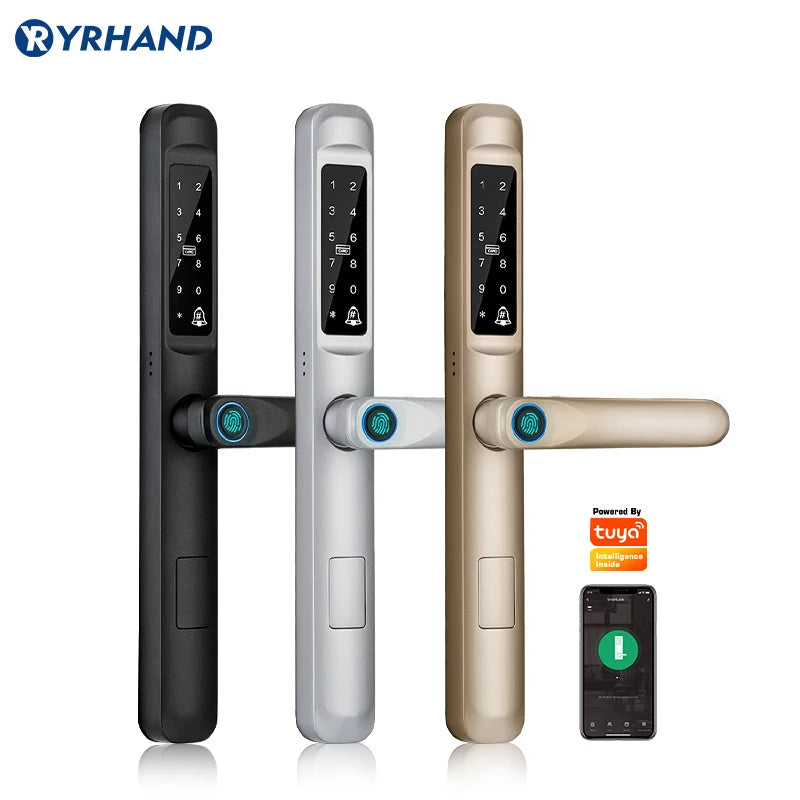 قفل باب ذكي Tuya WiFi مقاوم للماء من الألومنيوم، قفل باب ببصمة الإصبع، مقبض باب رقمي بدون مفتاح للأبواب الزجاجية المنزلقة