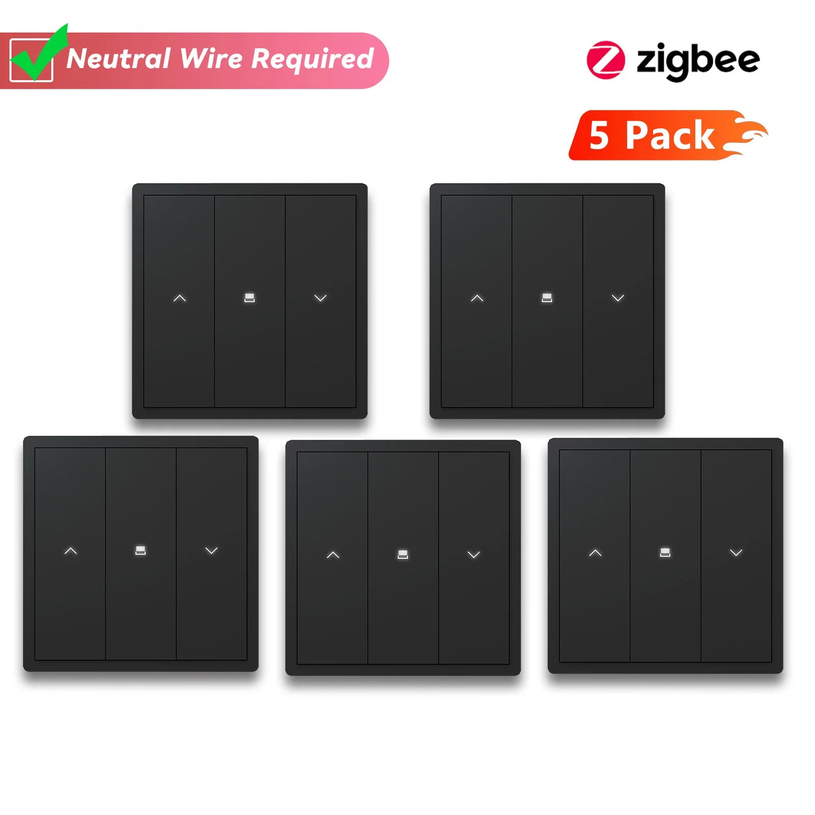 BSEED Zigbee Curtain Switches Smart Mechanical Large Button Shutter Switch Zigbee Click Switches Wall Smart TUYA Roller Black