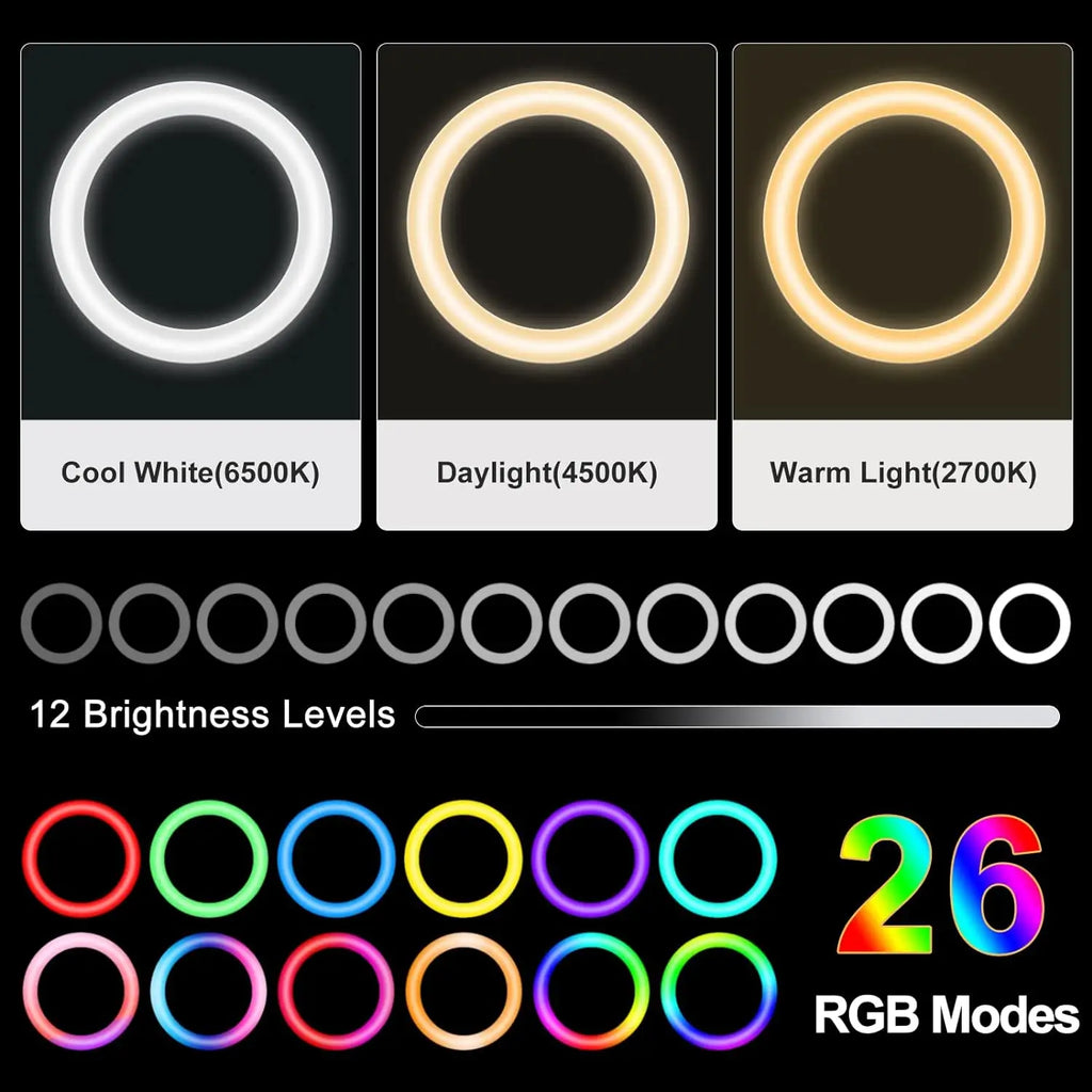 إضاءة مكتبية حلقية RGB مع حامل وحامل هاتف - حلقة إضاءة مكتبية بحجم 10.5 بوصة لتسجيل الفيديو والبودكاست وصور السيلفي وإضاءة اجتماعات Zoom