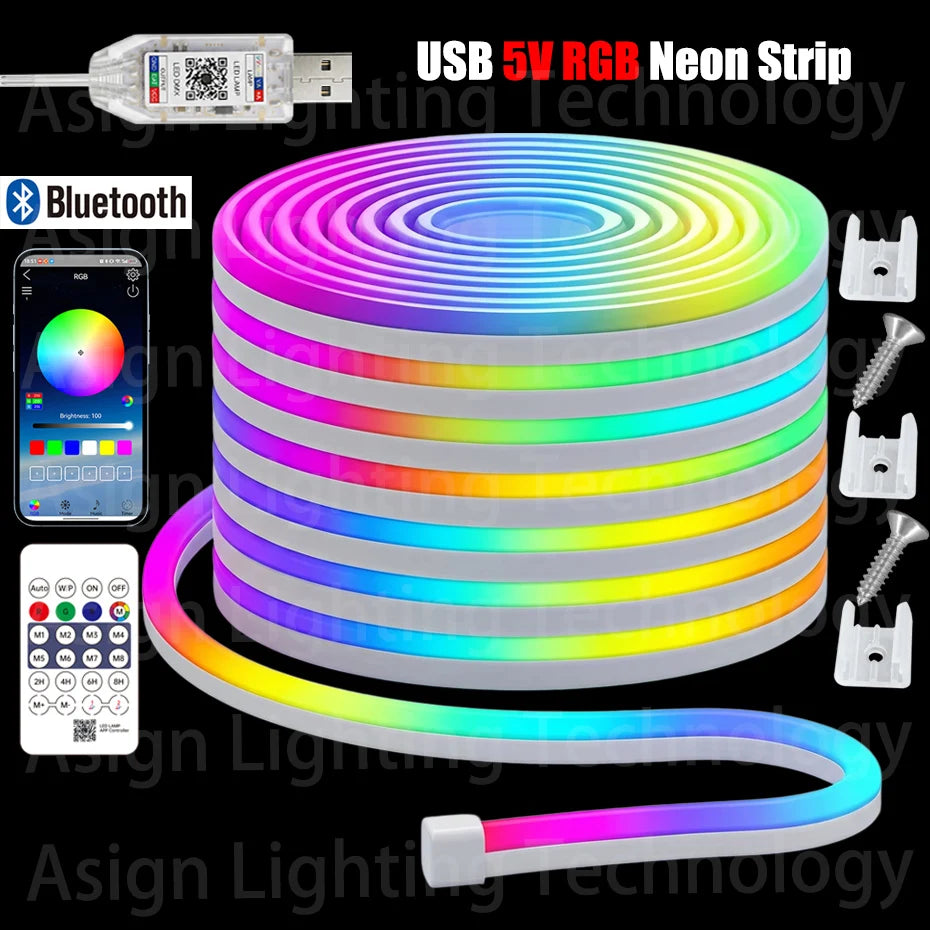 إضاءة حبل نيون ذكية RGB بجهد 5 فولت USB بطول 1م-10م، شريط مرن IP65 مع مزامنة موسيقى بلوتوث وتحكم عبر التطبيق لغرفة الألعاب والحفلات