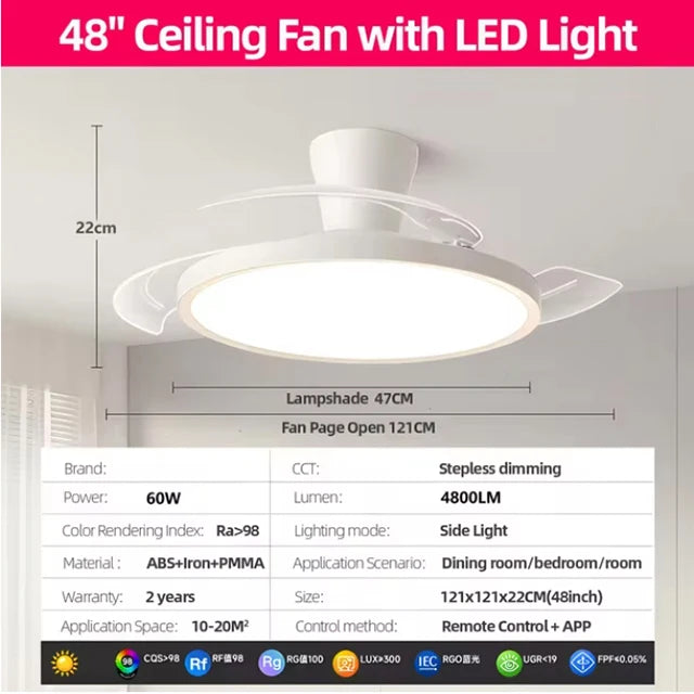 Modern Invisible Smart Ceiling Fan with LED Light DC motor Large Air Volume Remote Control for Bedroom Dining room
