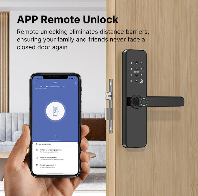قفل باب ذكي من Tuya يعمل بتقنية Wifi مع بصمة بيومترية/بطاقة IC/كلمة مرور/فتح بالمفتاح/تحكم عن بعد/شحن طوارئ USB