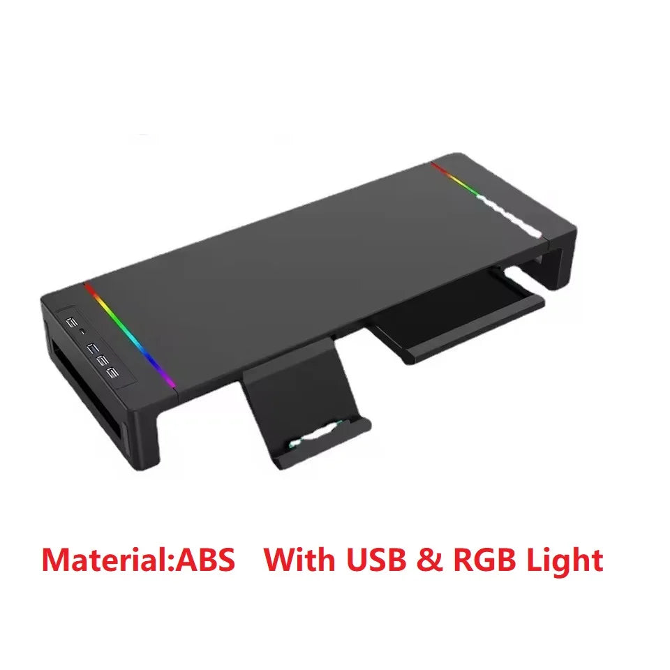 Multifunctional Computer Monitor Stand Riser with RGB Lighting& Fast Charging Interface Height-Adjustable Desk Shelf Riser