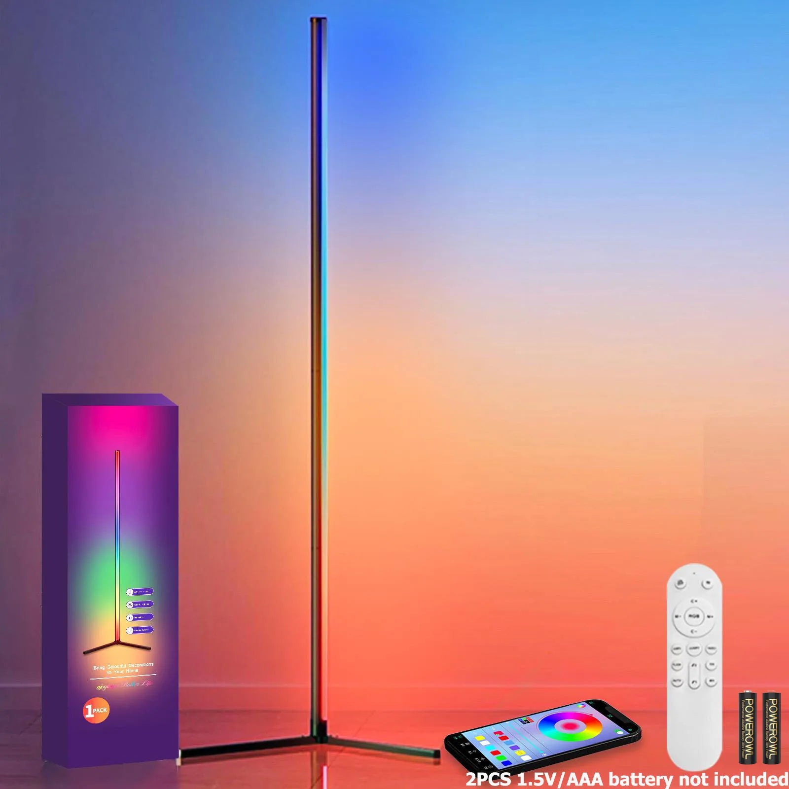 مصباح زاوية أرضي قطعة واحدة، أضواء زاوية LED ذكية RGB مع جهاز تحكم عن بعد وتطبيق، لغرفة المعيشة وغرفة النوم وغرفة الألعاب، سهل التركيب