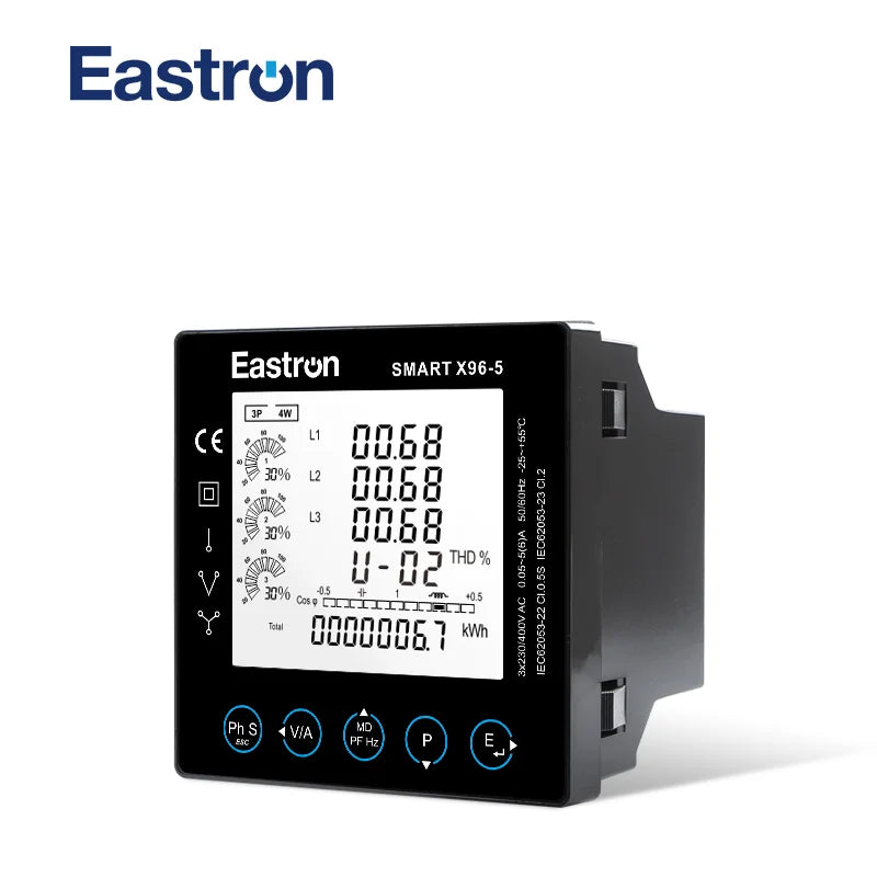 لوحة Smart X96-5J ثلاثية الأطوار، عداد طاقة متعدد الوظائف مع Modbus، يقيس الكيلوواط ساعة، الكيلوفار ساعة، الكيلوواط، الكيلوفار، الكيلو فولت أمبير، القدرة الظاهرية، معامل القدرة، التردد، الطلب، الجهد، التيار، التشويه التوافقي الكلي.