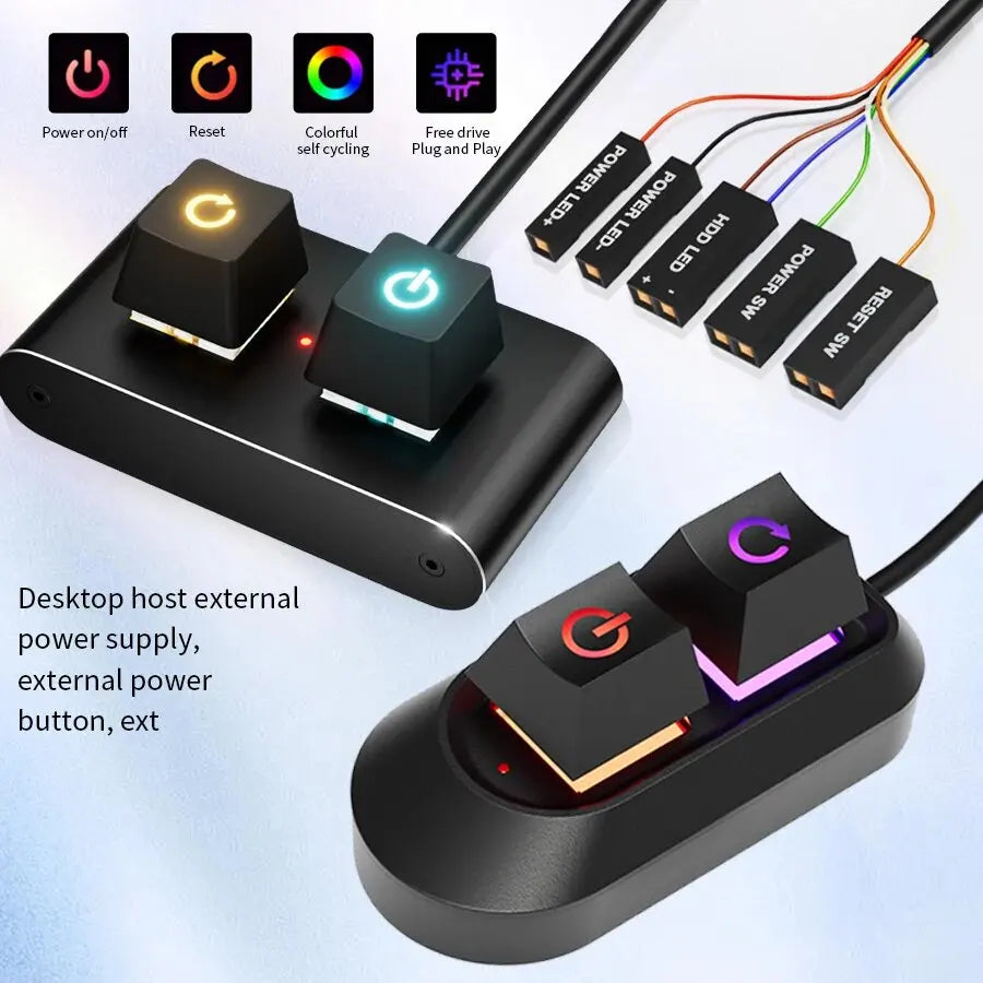 مفتاح تشغيل إيقاف تشغيل الكمبيوتر المكتبي بضوء RGB LED بطول 2 متر، وزر إعادة الضبط الخارجي للوحة الأم للكمبيوتر، وكابل تمديد مفتاح التشغيل