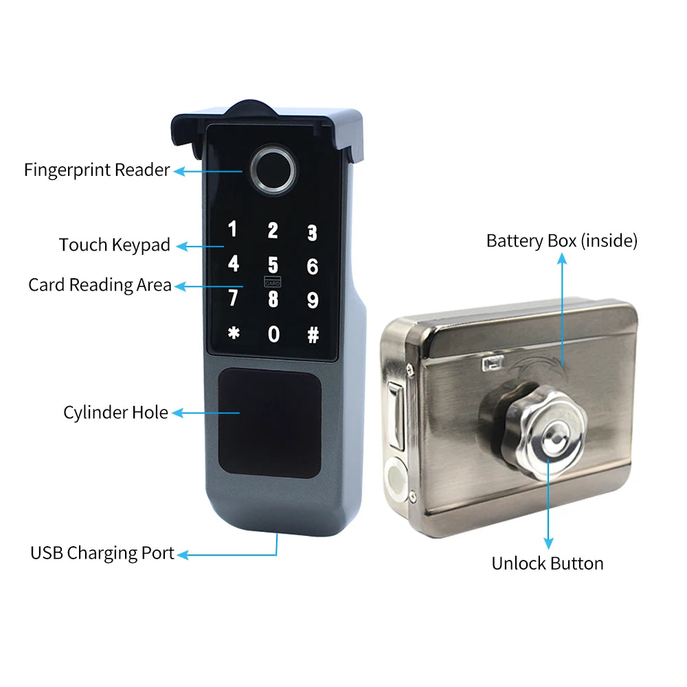 قفل ذكي خارجي مقاوم للماء مع لوحة مفاتيح رقمية للتحكم عن بعد، أمن حيوي Tuya/TTLOCK لباب البوابة