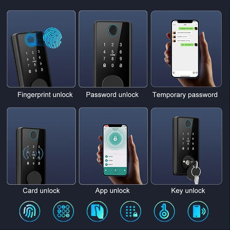 قفل باب ذكي Tuya WiFi، دخول بدون مفتاح، بصمة إصبع، قفل رقمي إلكتروني، فتح عن طريق تطبيق TTlock/كلمة مرور/بطاقة IC للأبواب الخشبية