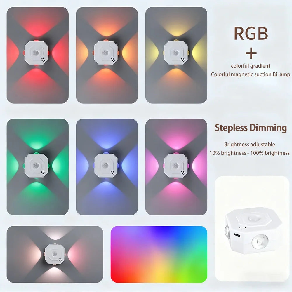 مصباح ليلي ذكي بتدرج ألوان RGB، مصباح خزانة برأسين، مستشعر حركة مغناطيسي قابل لإعادة الشحن، مصباح حائط لديكور غرفة النوم والخزانة
