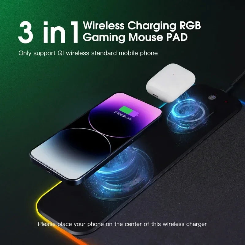 وسادة لوحة مفاتيح وماوس RGB مع شحن لاسلكي، وسادات كبيرة لهاتف الألعاب، لوحة ماوس، مكتب كمبيوتر مكتبي، كمبيوتر محمول، حصيرة طبق