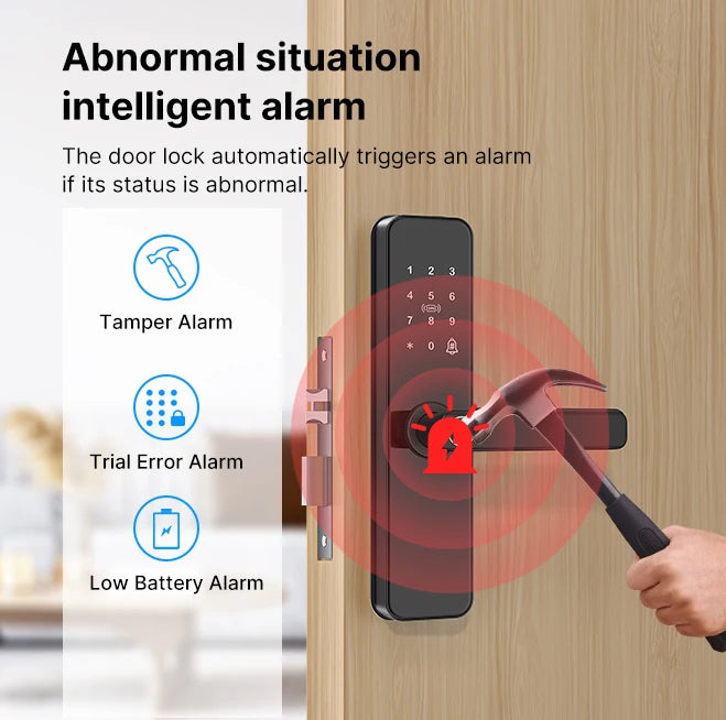 قفل باب ذكي من Tuya يعمل بتقنية Wifi مع بصمة بيومترية/بطاقة IC/كلمة مرور/فتح بالمفتاح/تحكم عن بعد/شحن طوارئ USB