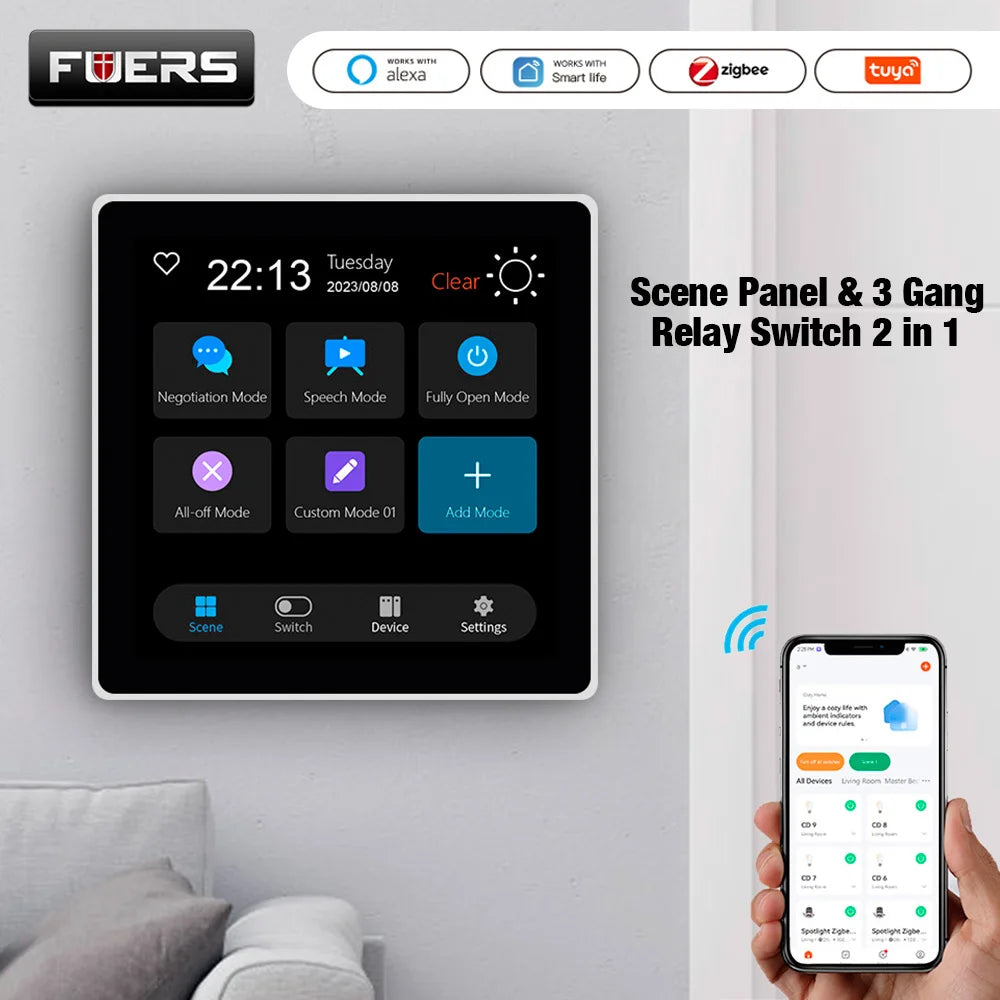 مفتاح حائط ذكي من FUERS بشاشة لمس 4 بوصة، لوحة تحكم متعددة الوظائف T3E، شاشة لمس منزلية ذكية بتقنية Zigbee