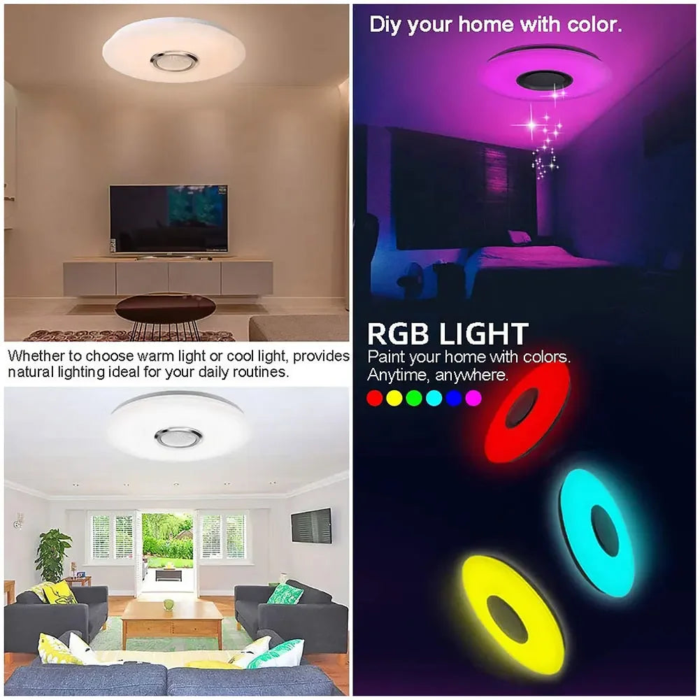 مصابيح سقف ذكية دائرية حديثة بإضاءة RGB خافتة، إضاءة منزلية، تطبيق، بلوتوث، ضوء موسيقي مع جهاز تحكم عن بعد للمنزل