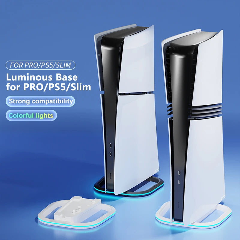 حامل رأسي RGB لجهاز PS5 وPS5 slim وPS5 pro مع وسادة مضادة للانزلاق لأقراص الألعاب والإصدارات الرقمية و7 أضواء LED