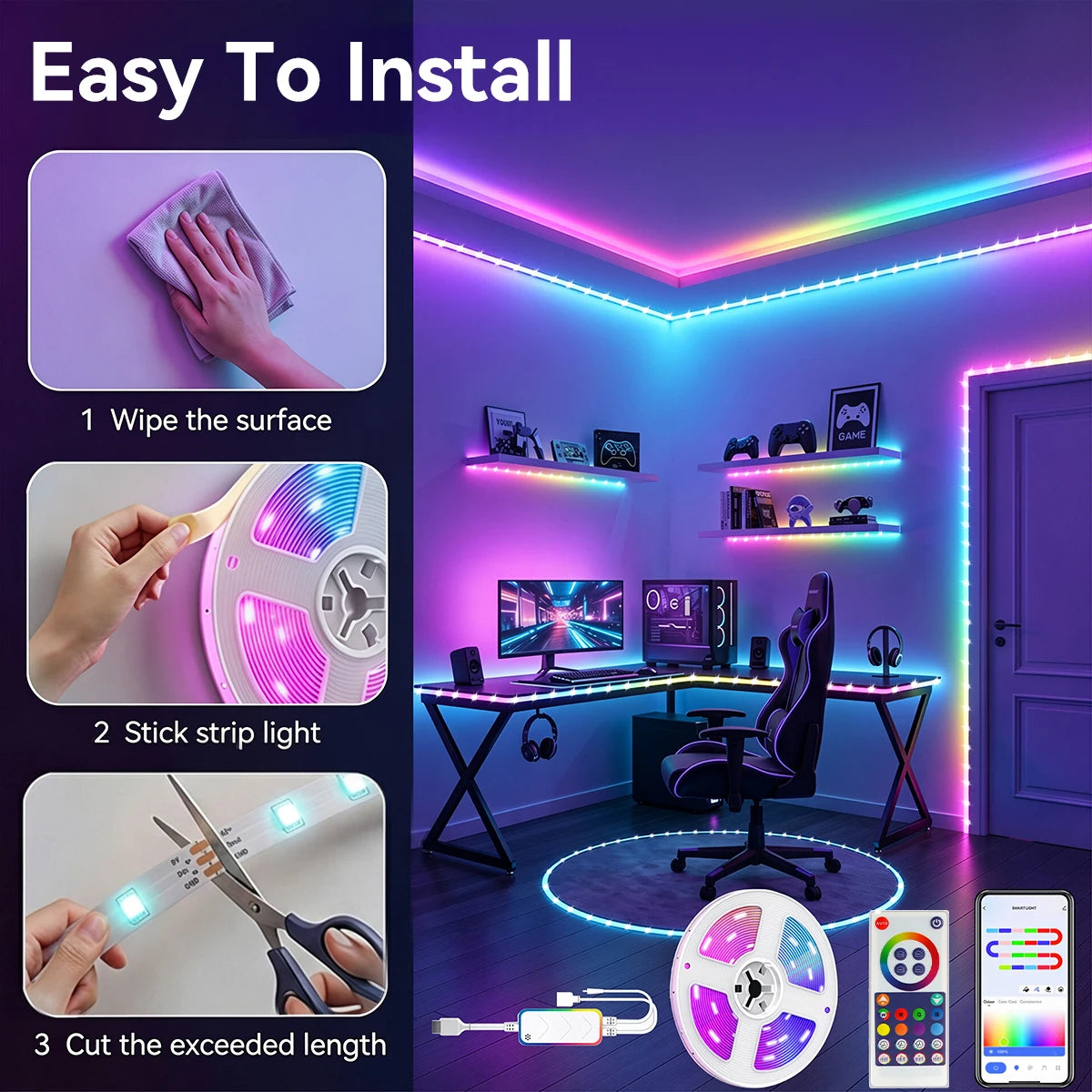 أضواء شريط ليد RGB SMD5050 الذكية من أليكسا تويا، 18 ليد/م، تحكم بلوتوث، RGBIC مرنة خافتة، تعمل بمنفذ USB، إضاءة ملونة