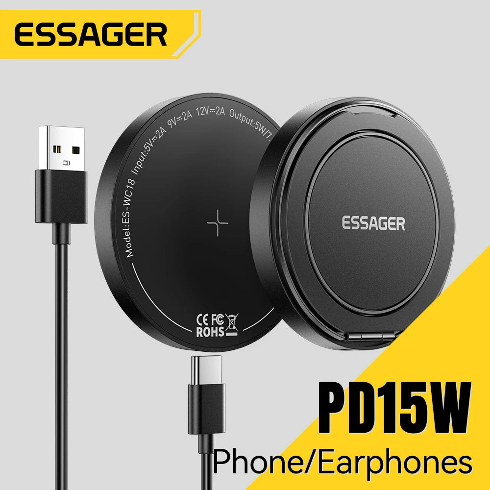 شاحن لاسلكي مغناطيسي Essager بقوة 15 واط، قاعدة شحن سريعة لهاتف iPhone 15 و 14 وسماعات Airpods، محطة إرساء شواحن هواتف USB إلى Type-C