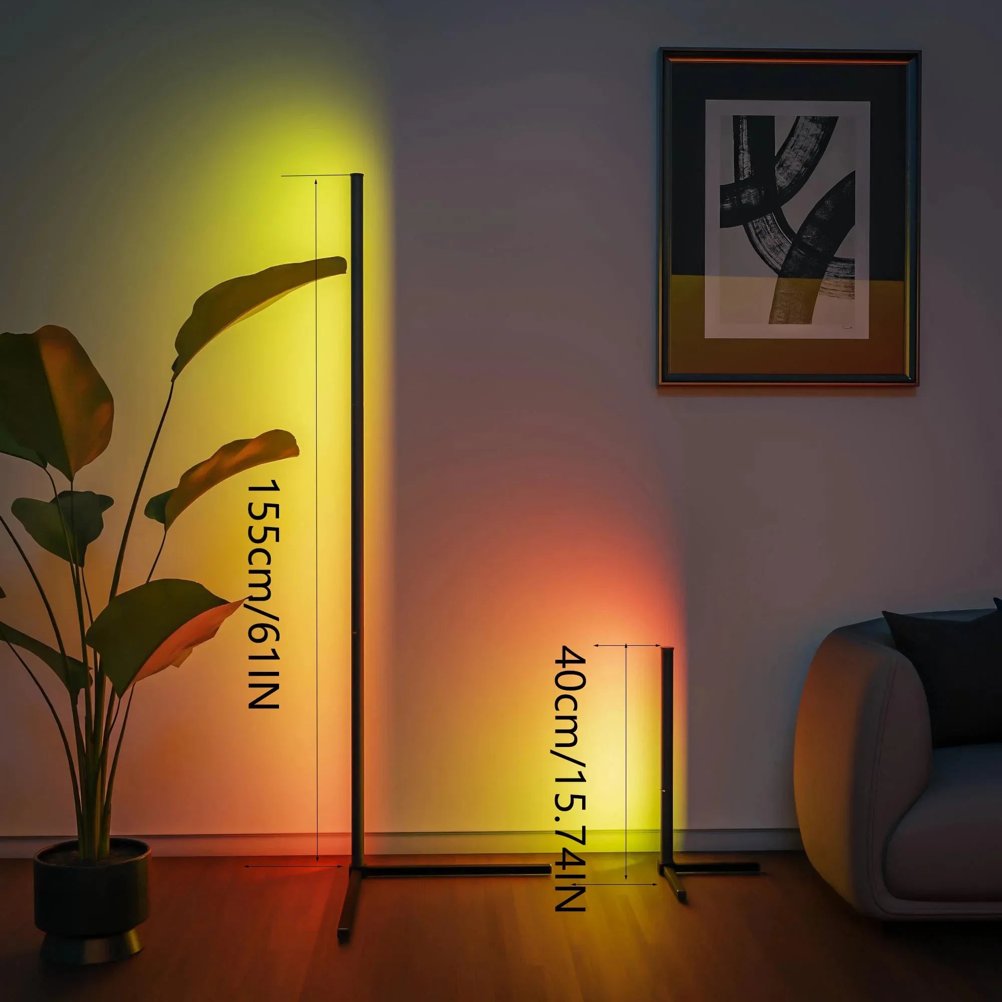 مصباح زاوية أرضي قطعة واحدة، أضواء زاوية LED ذكية RGB مع جهاز تحكم عن بعد وتطبيق، لغرفة المعيشة وغرفة النوم وغرفة الألعاب، سهل التركيب