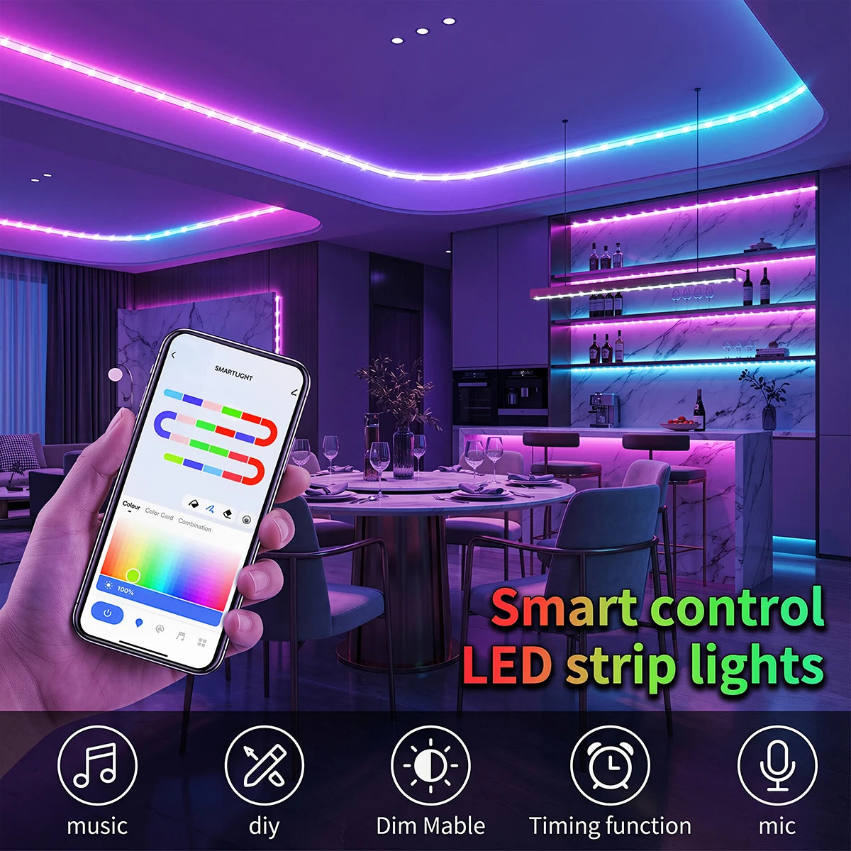 أضواء شريط ليد RGB SMD5050 الذكية من أليكسا تويا، 18 ليد/م، تحكم بلوتوث، RGBIC مرنة خافتة، تعمل بمنفذ USB، إضاءة ملونة