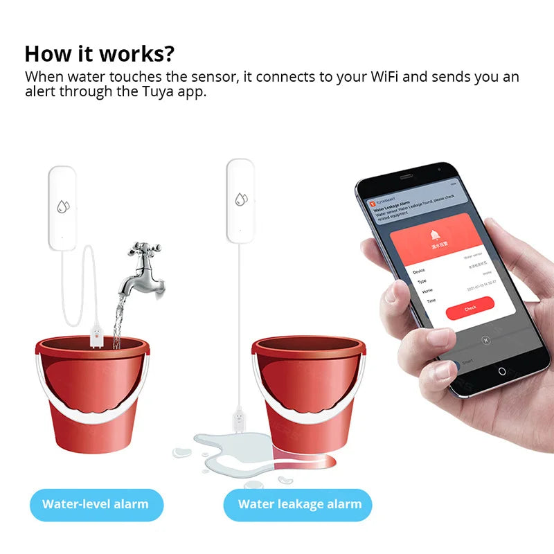 جهاز إنذار تسرب المياه الذكي Tuya Smart WiFi، جهاز كشف تسرب الفيضانات مع تنبيه تطبيق Smart Life، حماية من الفائض لأمن المنزل
