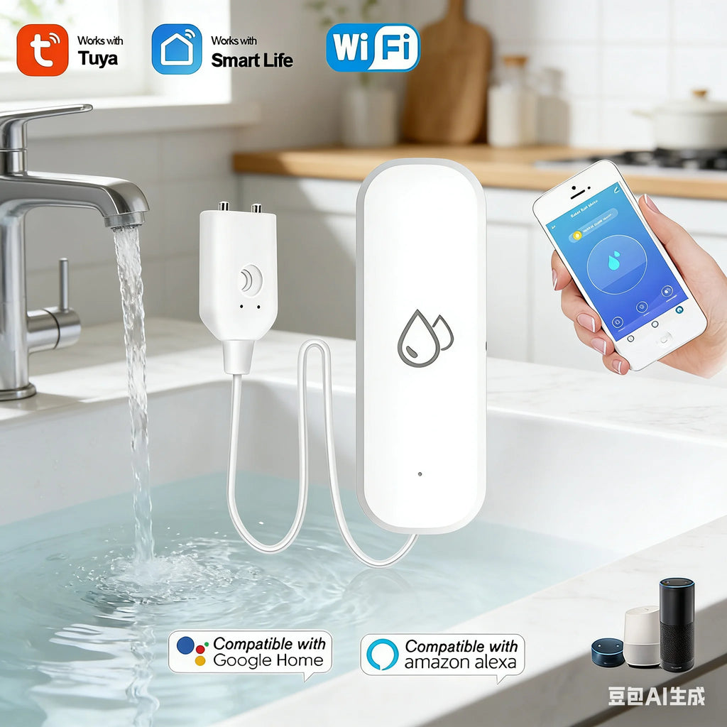 جهاز إنذار تسرب المياه الذكي Tuya Smart WiFi، جهاز كشف تسرب الفيضانات مع تنبيه تطبيق Smart Life، حماية من الفائض لأمن المنزل