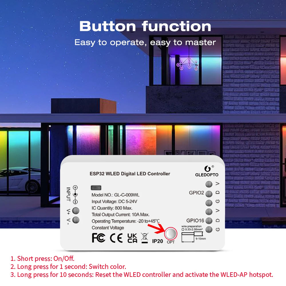 وحدة تحكم شريط رقمي ESP32 WLED RGB RGBW تدعم شرائط WS2811 SK6812 SM16703P WS2812B وتطبيقات الويب وMQTT وHome Assistant Automation