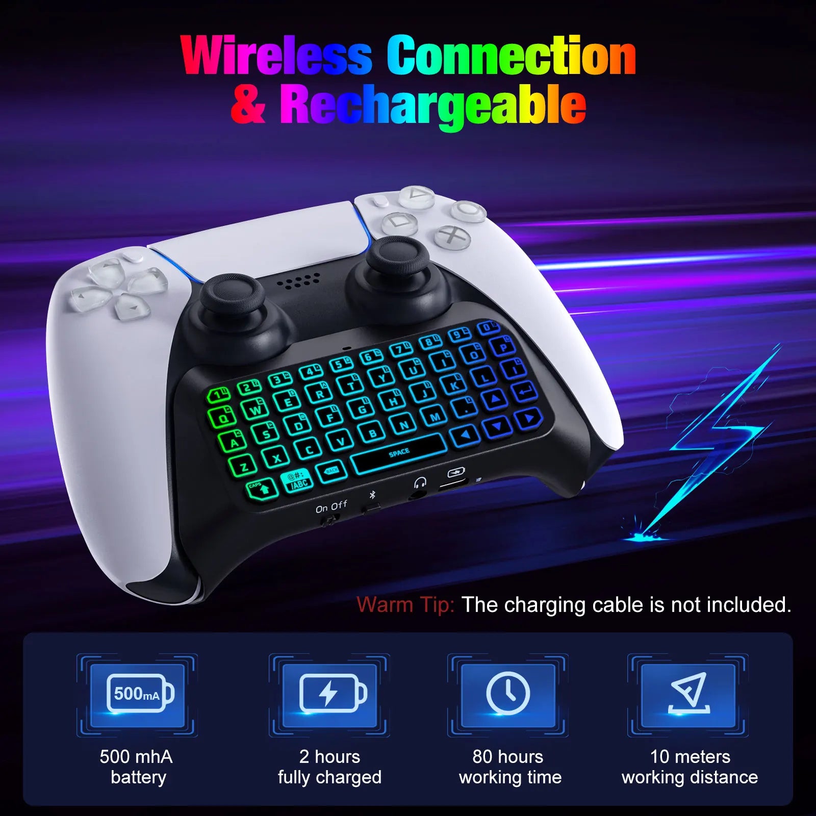 لوحة مفاتيح بإضاءة خلفية RGB لجهاز تحكم PS5، لوحة دردشة لاسلكية صغيرة تعمل بالبلوتوث لجهاز بلايستيشن 5 مع مكبر صوت مطور