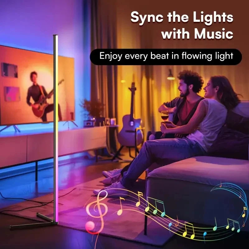 مصباح زاوية أرضي ذكي LED RGB مع مزامنة موسيقية و16 مليون لون قابل للتخصيص، إضاءة محيطية عصرية لديكور المنزل