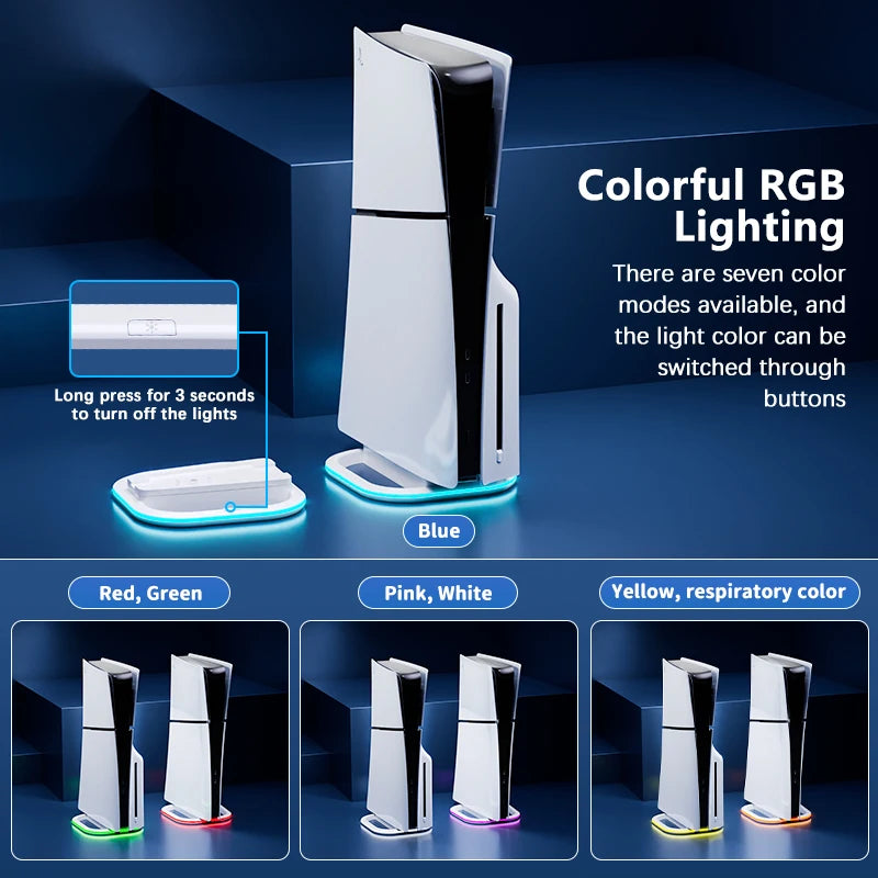 حامل رأسي RGB لجهاز PS5 وPS5 slim وPS5 pro مع وسادة مضادة للانزلاق لأقراص الألعاب والإصدارات الرقمية و7 أضواء LED