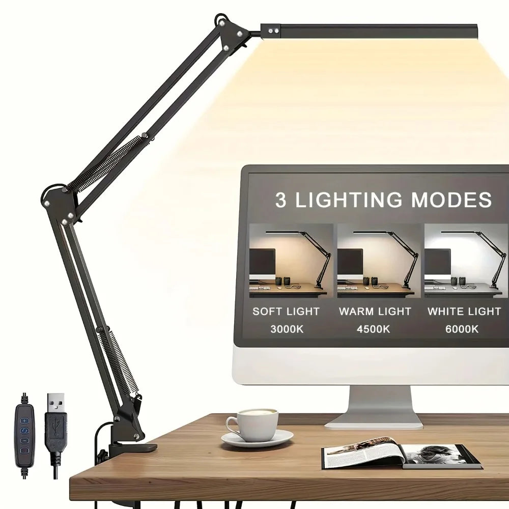 مصباح طاولة LED للمنزل والقراءة، مصباح مكتبي قابل للتعديل للعناية بالعين مع مشبك، 3 أوضاع للألوان، 10 مستويات سطوع
