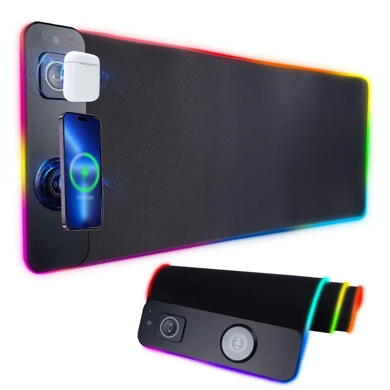 وسادة لوحة مفاتيح وماوس RGB مع شحن لاسلكي، وسادات كبيرة لهاتف الألعاب، لوحة ماوس، مكتب كمبيوتر مكتبي، كمبيوتر محمول، حصيرة طبق