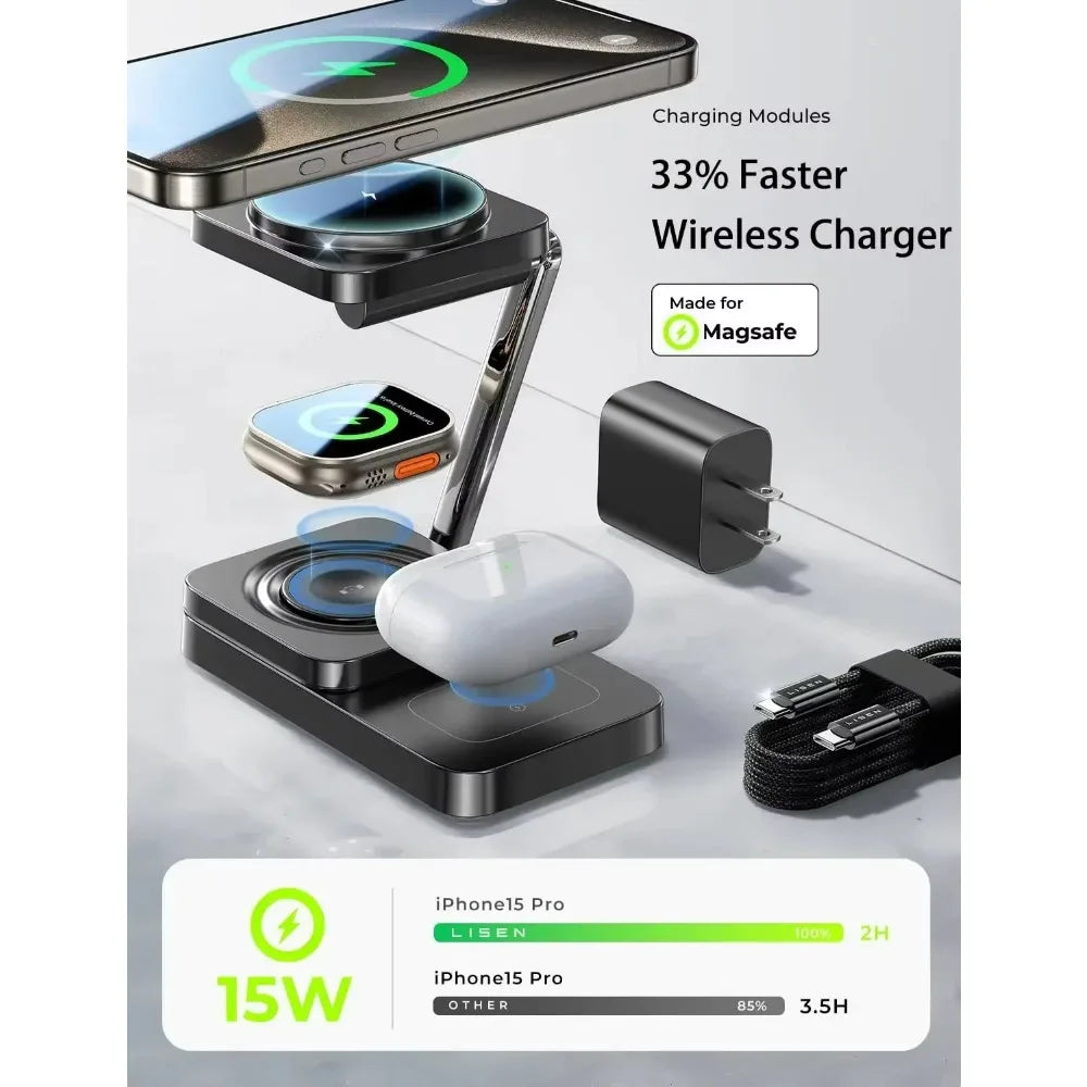 قاعدة شحن لاسلكية LISEN بقدرة 15 واط لشاحن MagSafe، قاعدة شحن محمولة 3 في 1 لساعة iPhone Watch S1-s9 Ultra AirPads