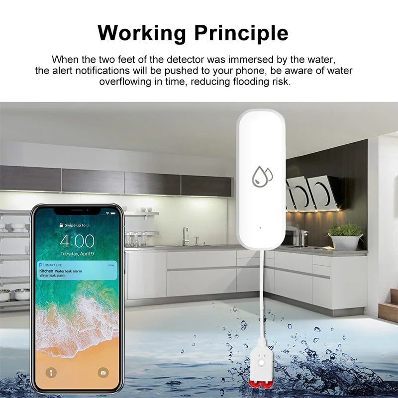 جهاز إنذار تسرب المياه الذكي Tuya Smart WiFi، جهاز كشف تسرب الفيضانات مع تنبيه تطبيق Smart Life، حماية من الفائض لأمن المنزل