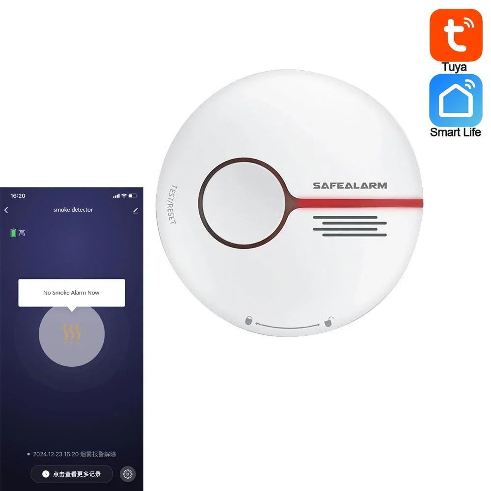 قطعة واحدة من جهاز استشعار الدخان الذكي Tuya للمنزل عبر شبكة الواي فاي 2.4G، مزود ببطارية داخلية، وتطبيق لإرسال الرسائل، ومستشعر حريق يثبت في السقف للمنزل