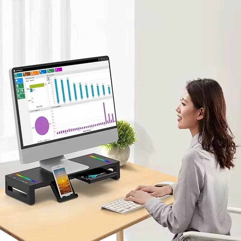 حامل شاشة كمبيوتر متعدد الوظائف مع إضاءة RGB وواجهة شحن سريع، ورف مكتبي قابل لتعديل الارتفاع