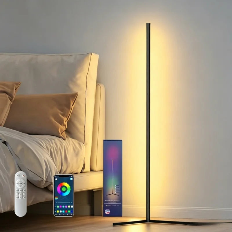 مصباح زاوية أرضي ذكي LED RGB مع مزامنة موسيقية و16 مليون لون قابل للتخصيص، إضاءة محيطية عصرية لديكور المنزل