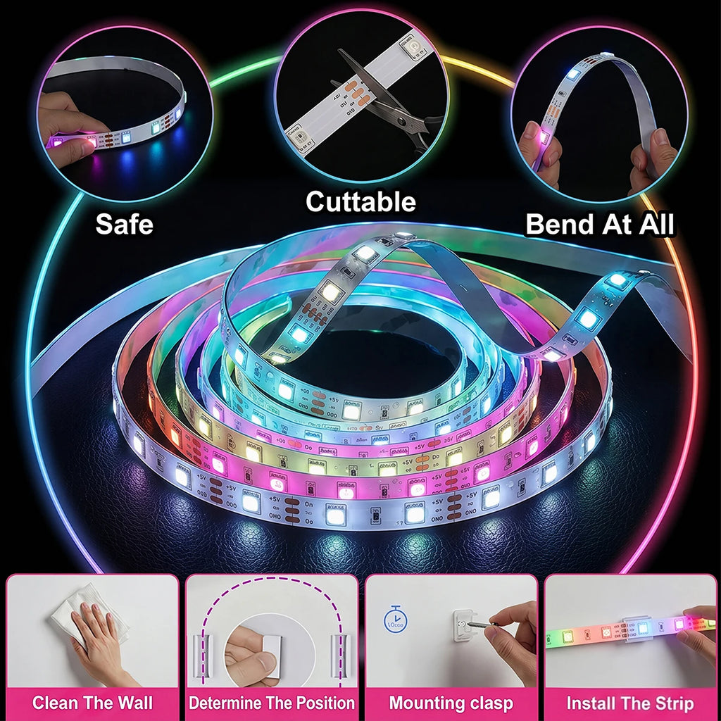 أضواء شريط ليد RGB SMD5050 الذكية من أليكسا تويا، 18 ليد/م، تحكم بلوتوث، RGBIC مرنة خافتة، تعمل بمنفذ USB، إضاءة ملونة