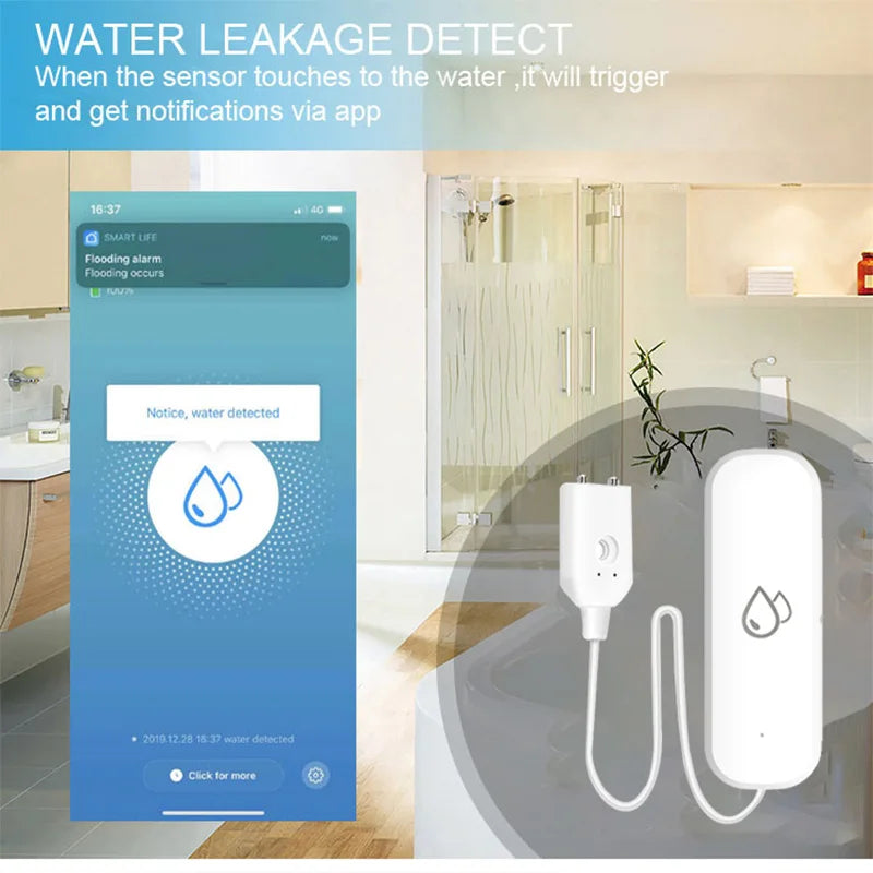 جهاز إنذار تسرب المياه الذكي Tuya Smart WiFi، جهاز كشف تسرب الفيضانات مع تنبيه تطبيق Smart Life، حماية من الفائض لأمن المنزل