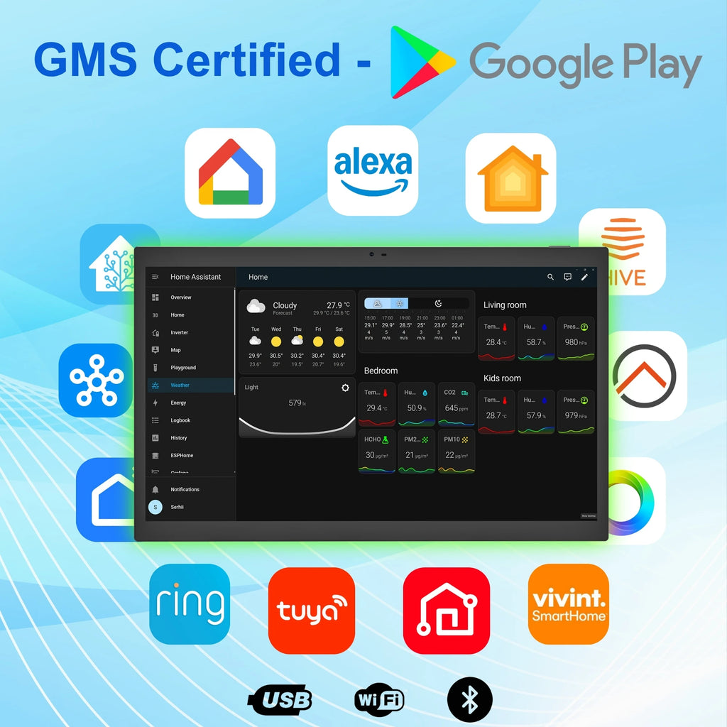 لوحة تحكم منزلية ذكية مقاس 15.6 بوصة تعمل بنظام Android 14 ومعالج RK3576S تدعم Matter و Thread وتوفر PoE وتثبت على الحائط، مع واجهة RJ45 و RS485.